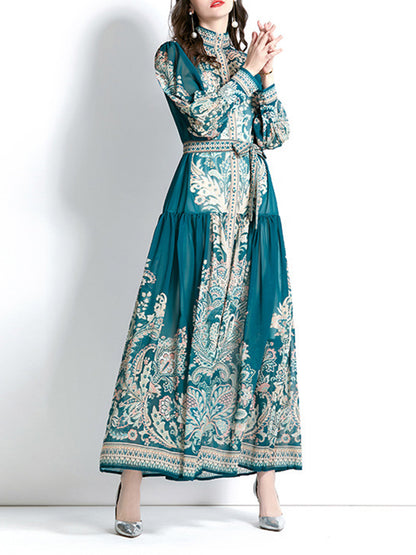 A-line Puff Sleeves Printed See-through Tied Waist Stand Collar Maxi Dresses