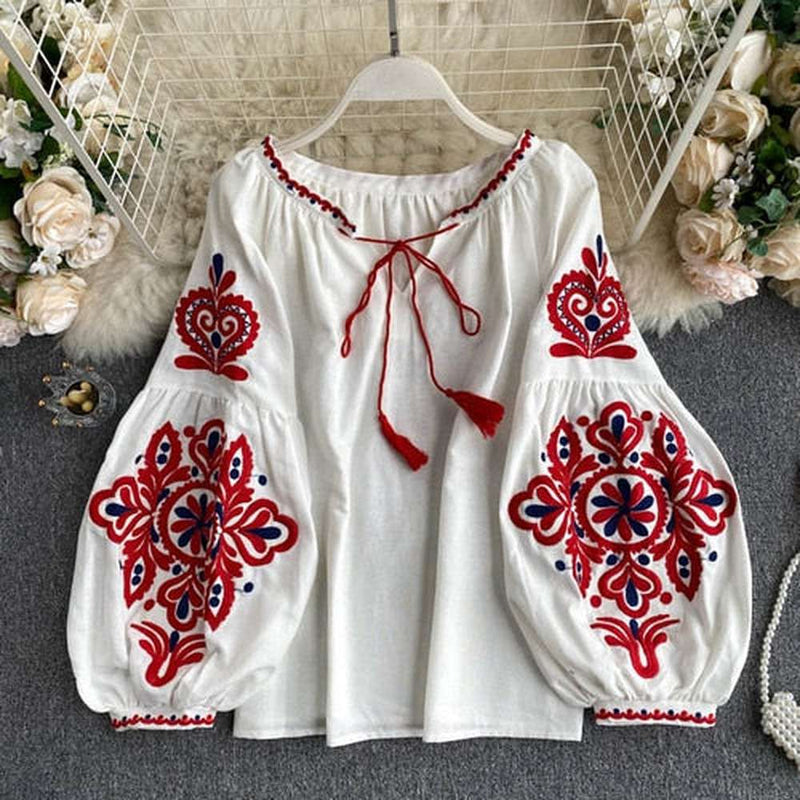 Retro White V-neck Lace-up Tassel Embroidered Lantern Sleeve Blouse