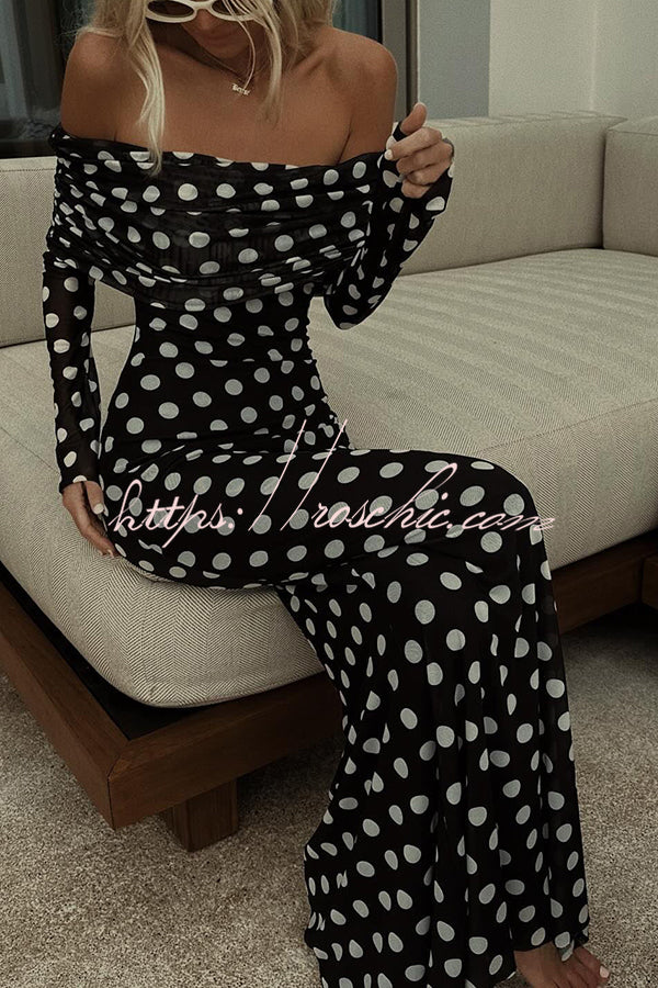 Statement Polka Dot Print Off Shoulder Ruched Stretch Maxi Dress