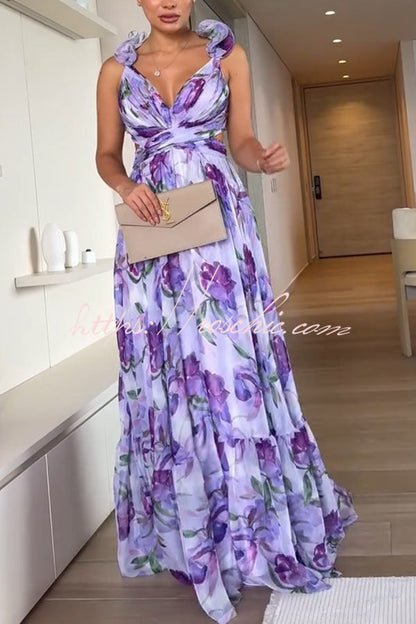 Whimsy Grace Tulle Ruffle Detail Back Lace-up Pleated Maxi Dress