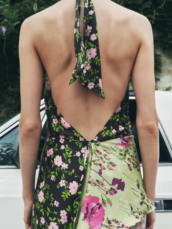 Print Halterneck Backless Maxi Dress