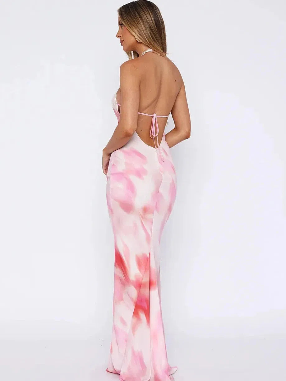 Halterneck Tie-dye Backless Lace Maxi Dress