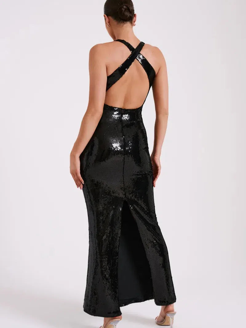 Applique Rose Sequin Backless Maxi Dress