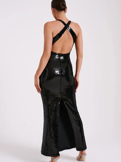 Applique Rose Sequin Backless Maxi Dress