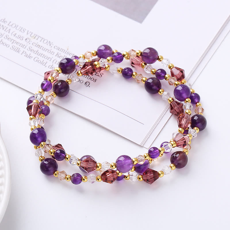 Double Wrap Amethyst Bracelet With Tourmaline & Strawberry Quartz for Peace