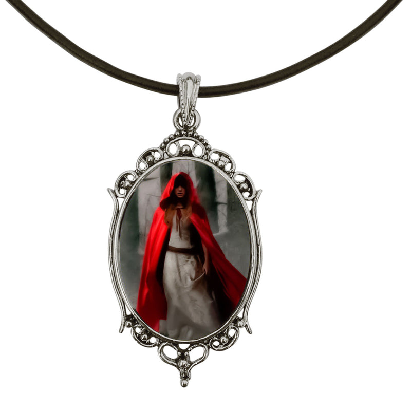 Gothic Red Riding Hood Antique Silver Cameo Pendant on 18
