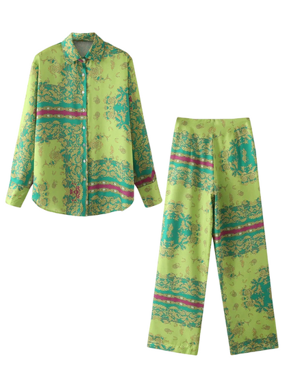 Green Printed Two Piece Shirt and Pants Set