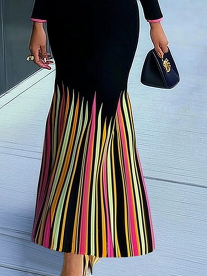 Long Sleeves Skinny Colorful Contrast Color Striped V-neck Maxi Dresses