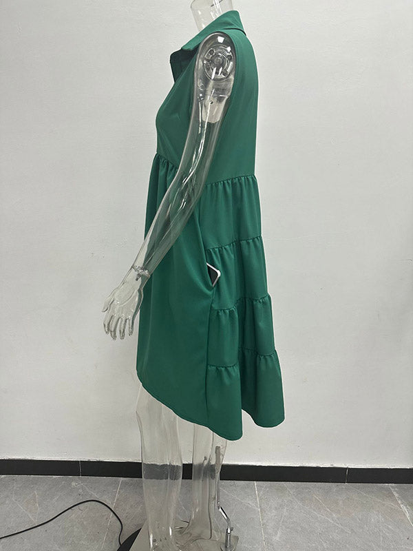 A-line High Waisted Buttoned Pleated Pockets Color Lapel Mini Dresses