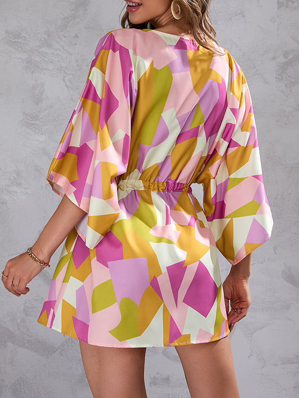 A-line Half Sleeves Buttoned Drawstring Printed V-neck Mini Dresses