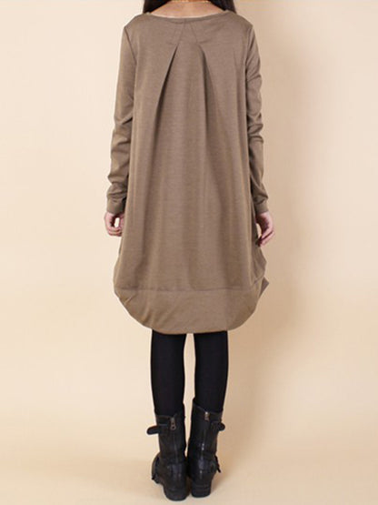 A-line Long Sleeves Pleated Color Round-neck Dresses Maxi Dresses