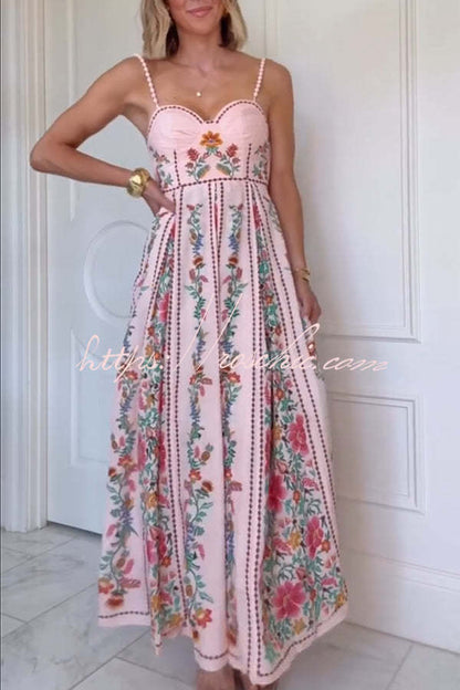 Delicate Forest Unique Print Sweetheart Neck Beaded Straps Maxi Dress