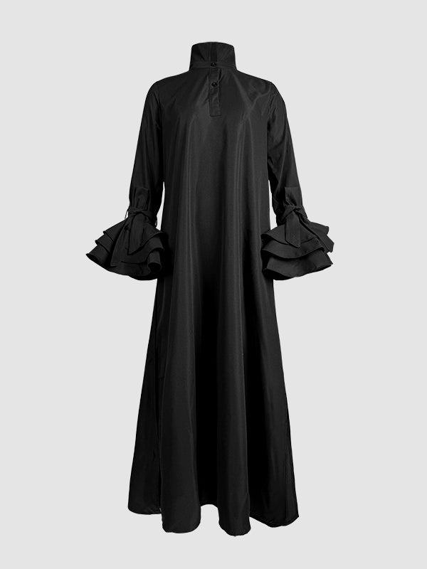 A-line Flared Sleeves Buttoned Color Split-joint Split-side Lapel Maxi Dresses