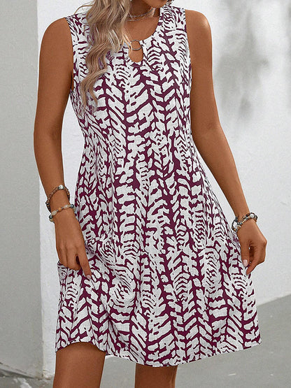 A-line Loose Hollow Printed U-neck Mini Dresses