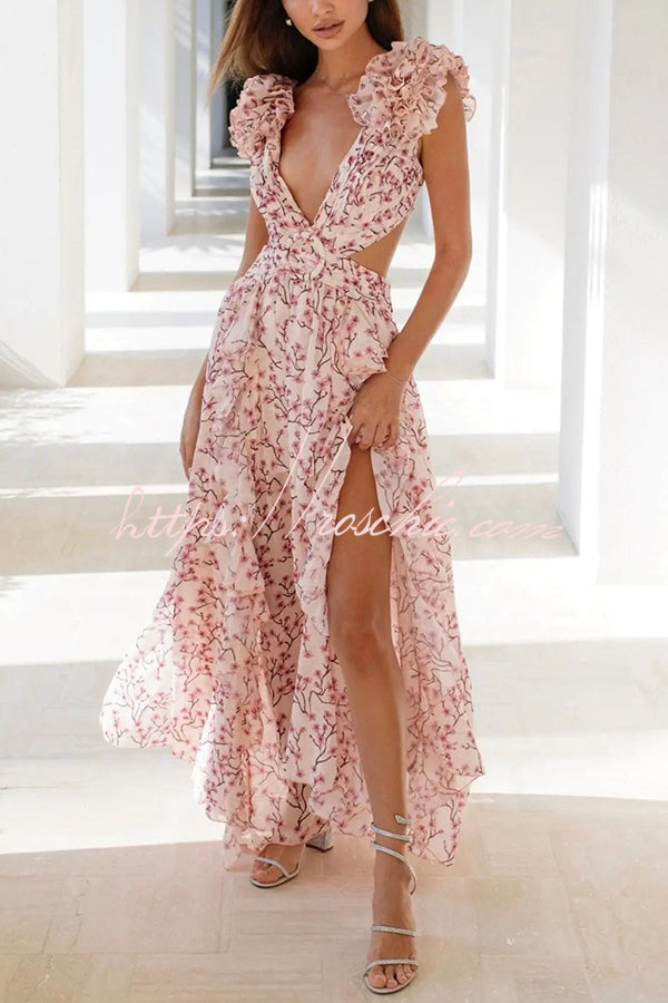 Lost in the Melody Chiffon Printed Flutter Sleeve Cutout Back Lace-up Maxi Dress