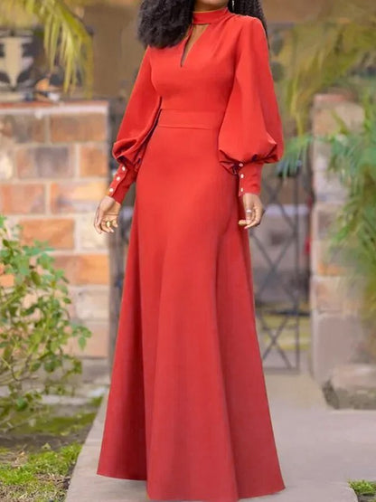 Long Sleeves Loose Buttoned Hollow Color Split-joint Round-neck Maxi Dresses