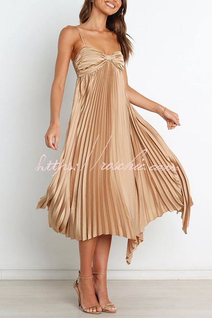 Color Suspender Pleated Irregular Midi Dress