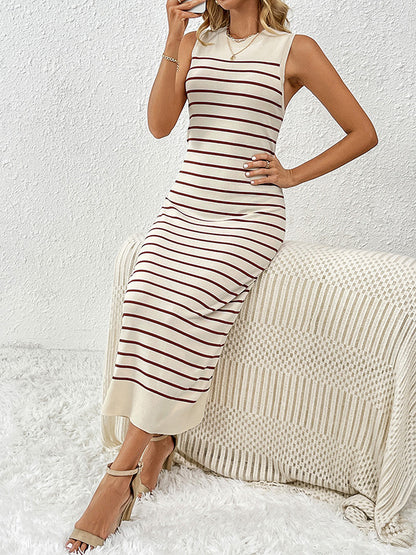 Loose Sleeveless Striped Round-neck Knit Dresses Midi Dresses