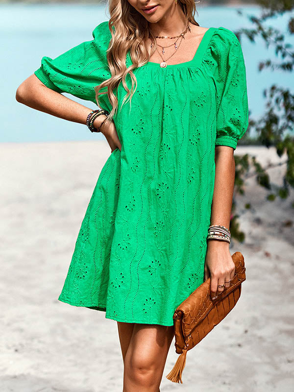 Loose Puff Sleeves Jacquard Color Square-neck Mini Dresses