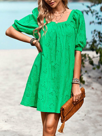 Loose Puff Sleeves Jacquard Color Square-neck Mini Dresses