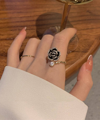 Black Copper Overgild Zircon Camellia Rings
