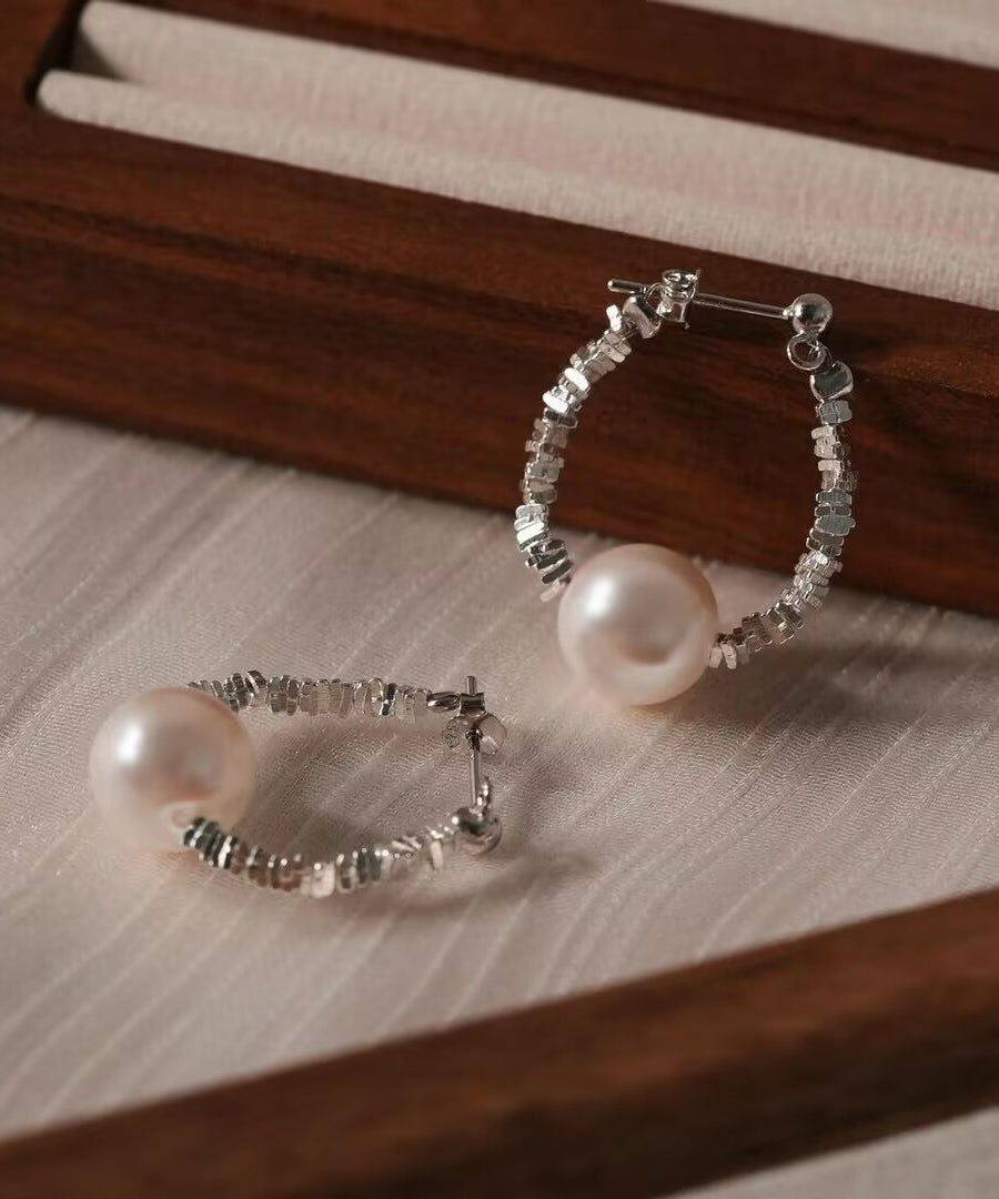 Diy Silk Copper Broken Silver Pearl Hoop Earrings