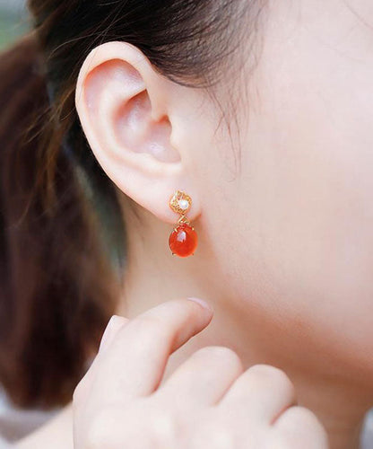 Simple Red 18k Gold Inlaid Jade Agate Drop Earrings