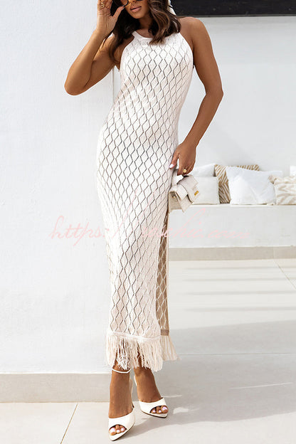 Color Sleeveless Knitted Tassel Slim High Slit Midi Dress