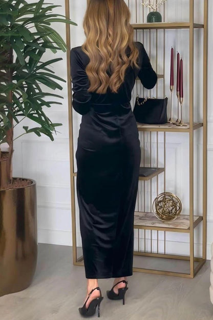 Classic Pleated Deep V Slit Party Maxi Dress