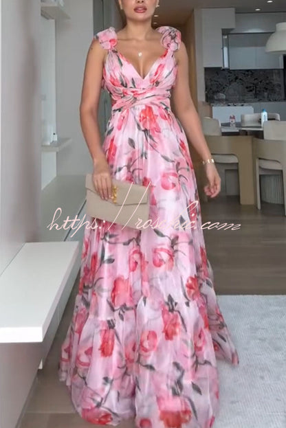 Whimsy Grace Tulle Ruffle Detail Back Lace-up Pleated Maxi Dress