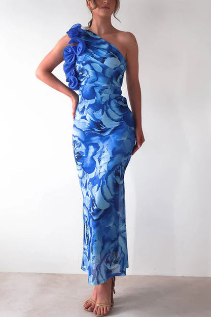 Print Sleeveless 3d Flower One Shoulder Slim Maxi Dress