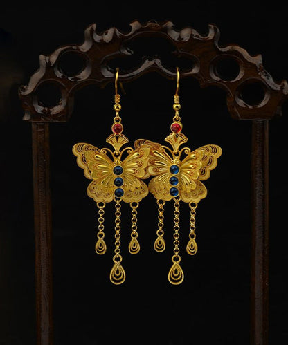 Retro Orange Sterling Silver Overgild Butterfly Tassel Drop Earrings