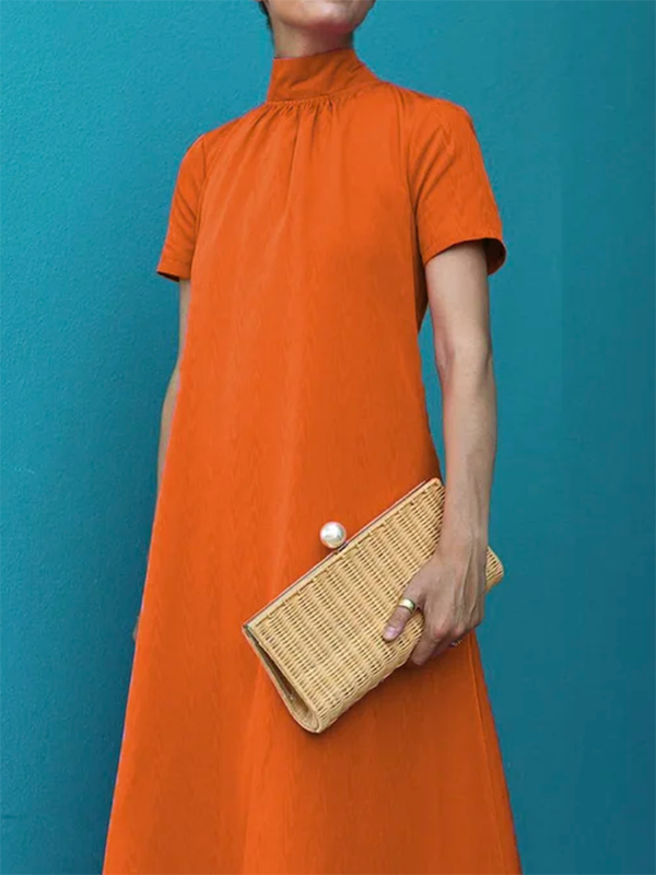 Loose Short Sleeves Color High-neck Maxi Dresses
