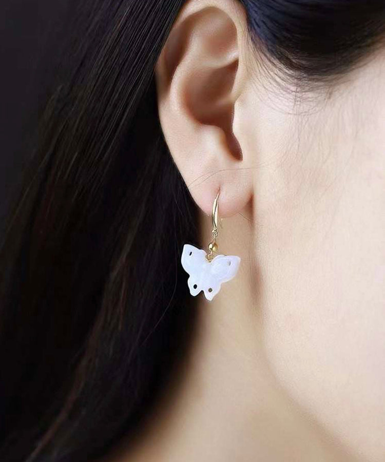 White Sterling Silver Overgild Jade Butterfly Drop Earrings