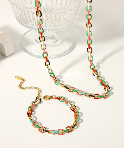 Rainbow Stainless Steel Drip Glaze Enamel Bracelet and Pendant Necklace Two Piece Set