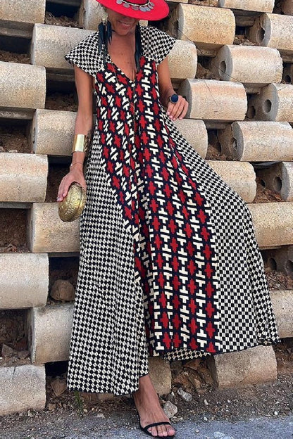 Fresh Breeze Unique Print Ruffle Sleeve A-line Maxi Dress