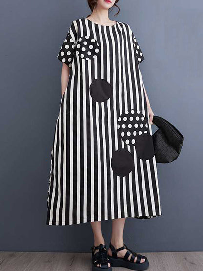 Loose Short Sleeves Polka-dot Striped Round-neck Midi Dresses