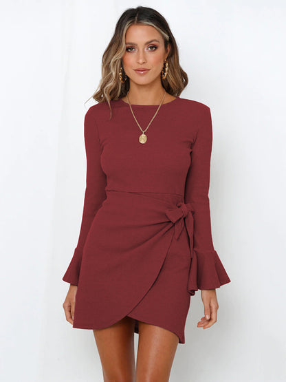 Simple Long Sleeves Skinny Tied Falbala Color Round-neck Mini Dresses