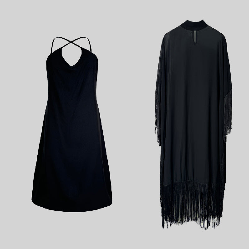 Batwing Sleeves Loose See-through Color Tasseled Mock Neck Maxi Dresses