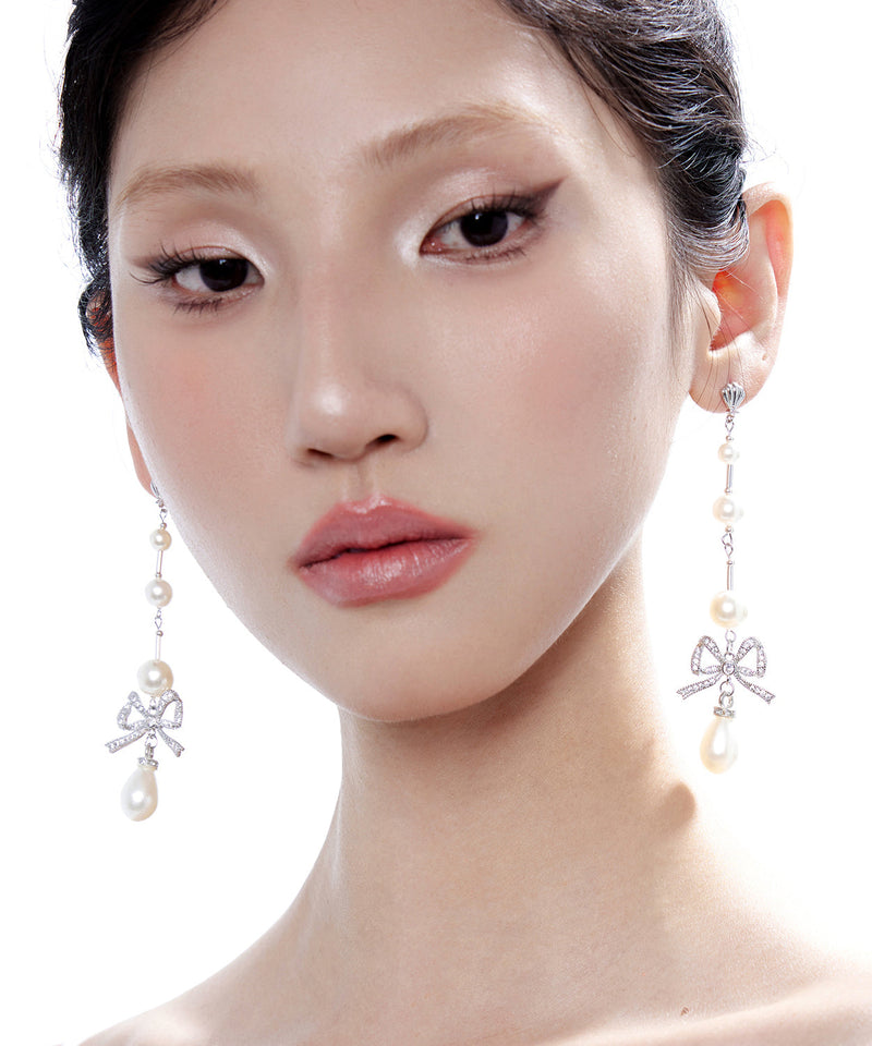 Pearl Bow Silver Long Drop Earrings Earrings