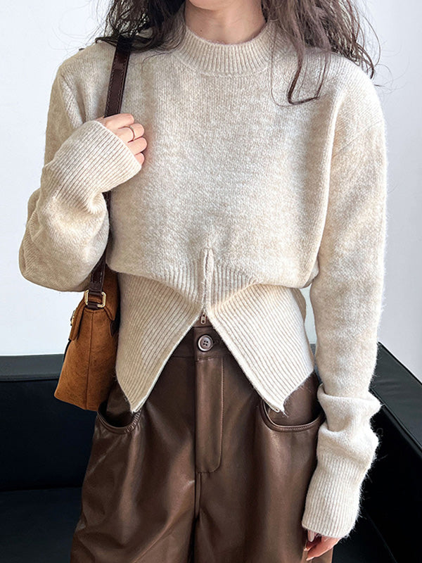 Grey Mock Neck Zip-up Hem Long Sleeve Sweater An1072
