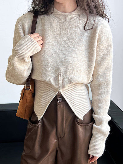 Grey Mock Neck Zip-up Hem Long Sleeve Sweater An1072
