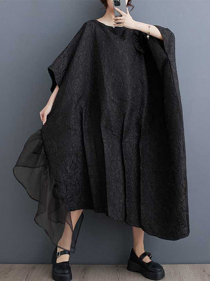 Batwing Sleeves Loose Asymmetric Flower Shape Gauze Jacquard Pleated Color Split-joint Round-neck Midi Dresses