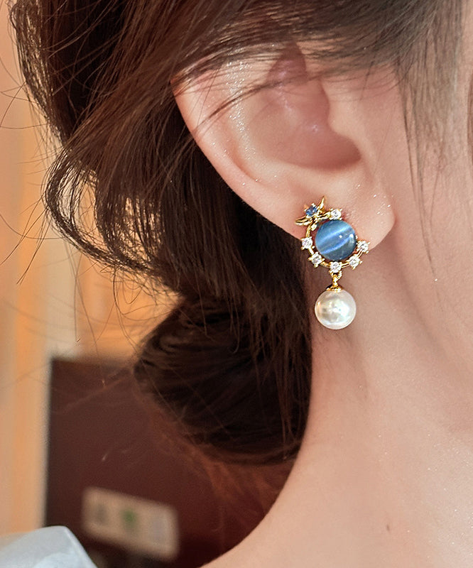 Vogue Blue Copper Overgild Zircon Pearl Cat's Eye Stone Drop Earrings