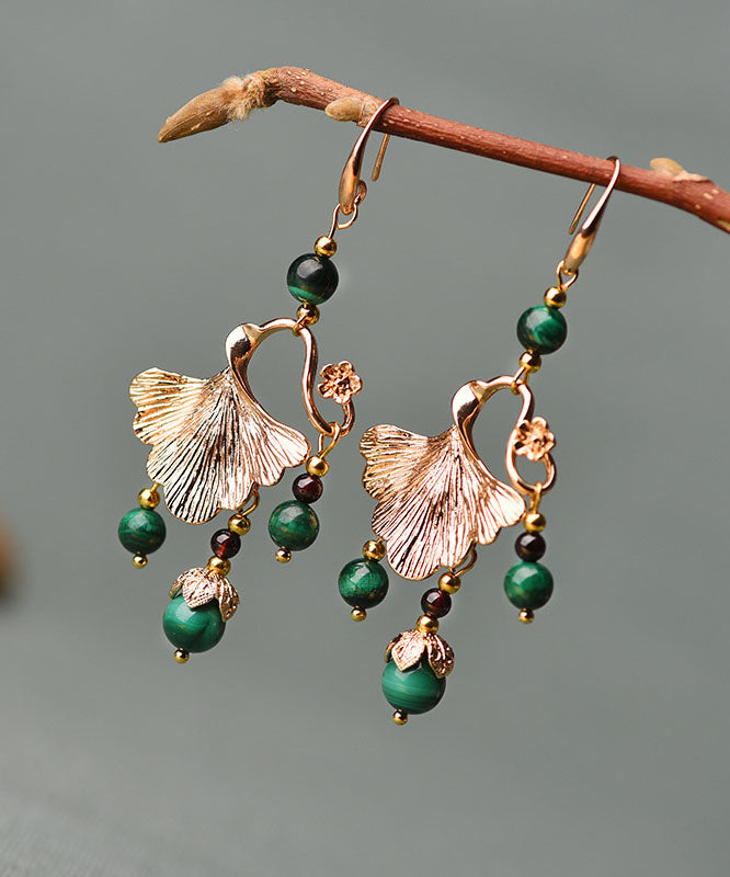 Green Malachite Ginkgo Leaf 14k Gold Drop Earrings