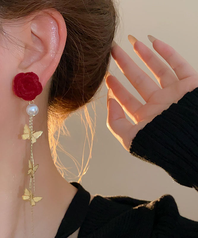 New Red Copper Overgild Pearl Velvet Butterfly Tassel Drop Earrings
