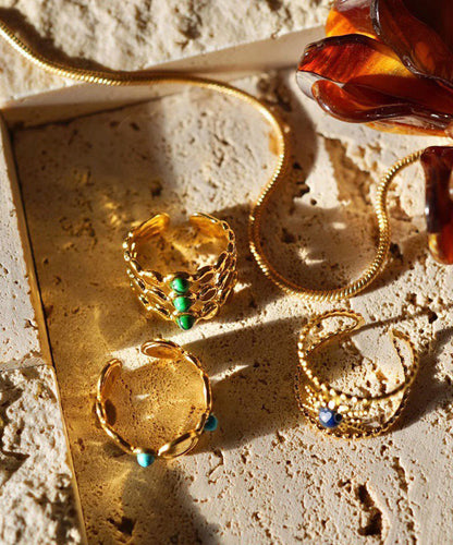 Gold Turquoise Bearded Star Gem Stone Hollow Out Three Piece Set Rings