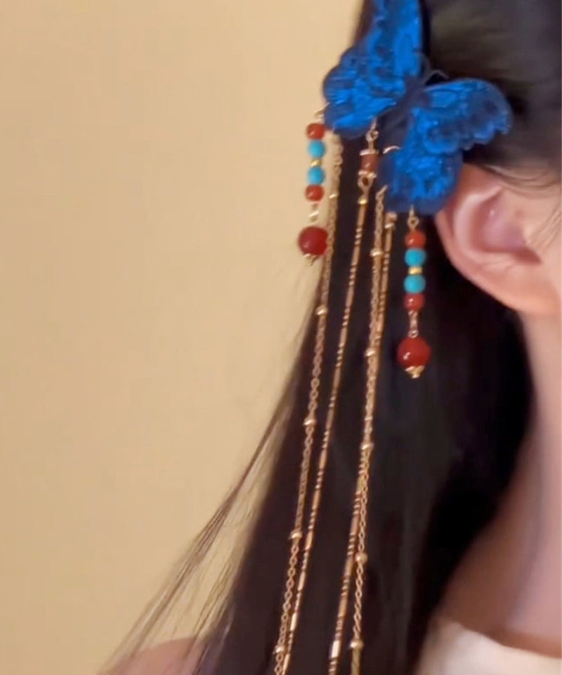 Blue Sterling Silver Overgild Butterfly Tassel Hairpin