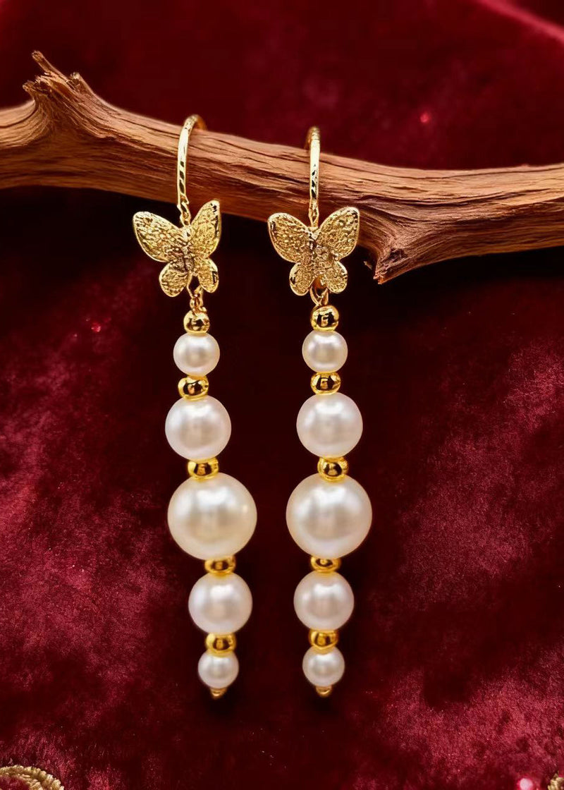 Unique White Pearl Golden Butterfly Drop Earrings