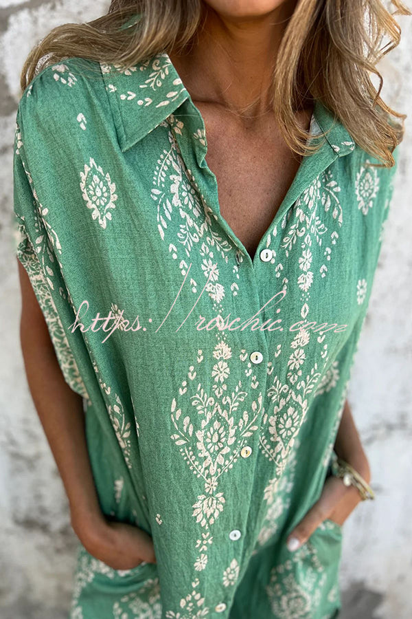 Linen Blend Unique Print Lapel Pocket Mini Dress